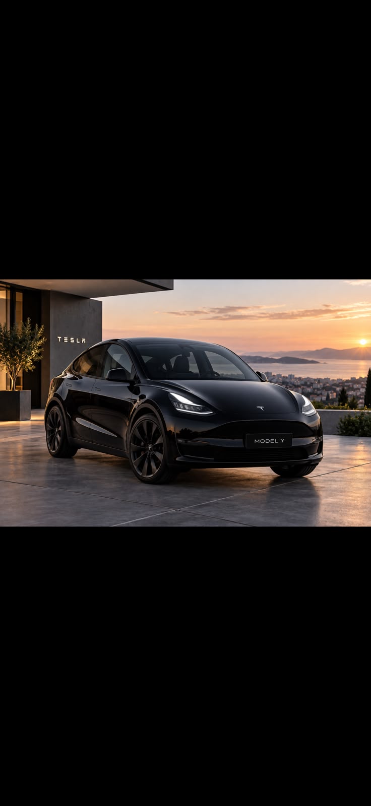 Tesla Model Y 2023 noire au coucher du soleil