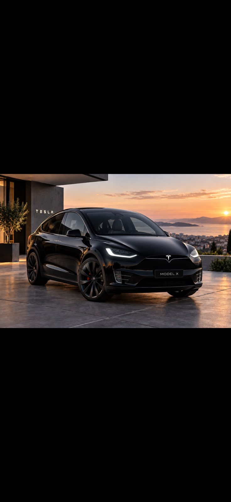 Tesla Model X 2023 noire au coucher du soleil
