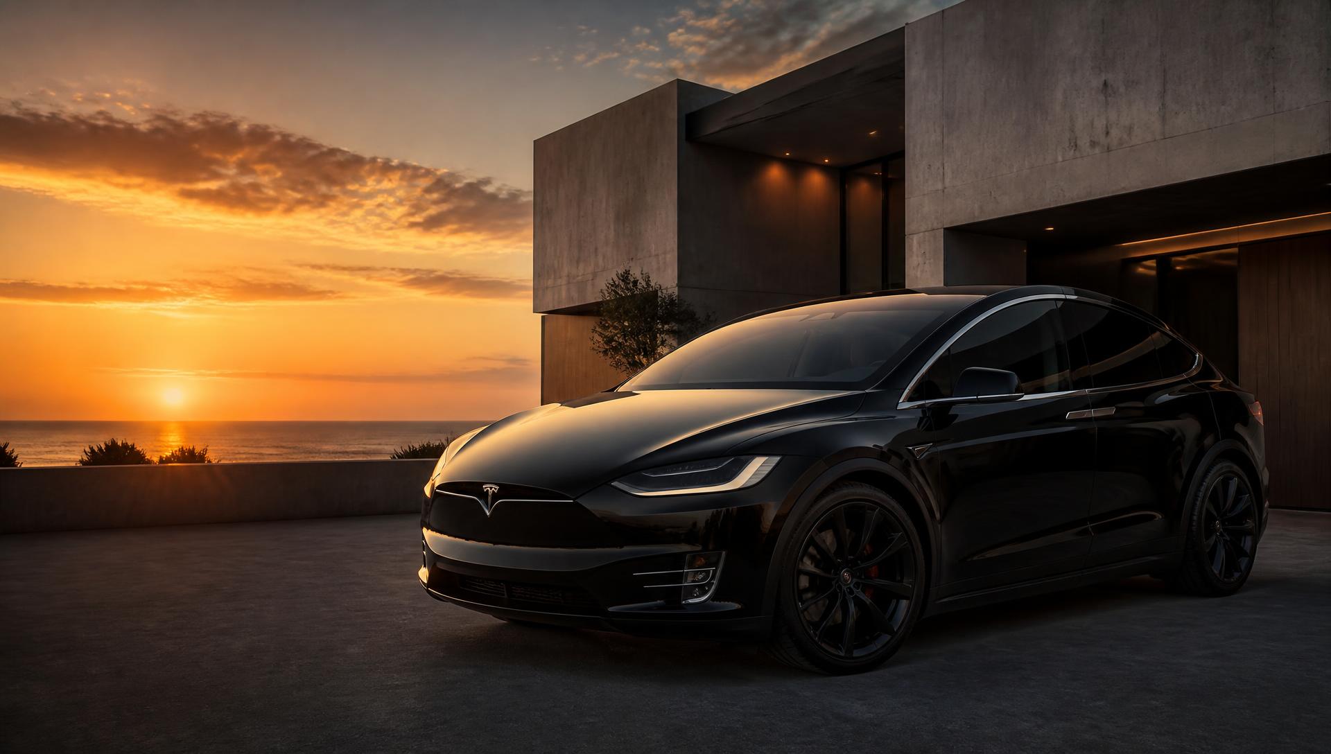 Tesla Model X noire devant une villa moderne au coucher du soleil